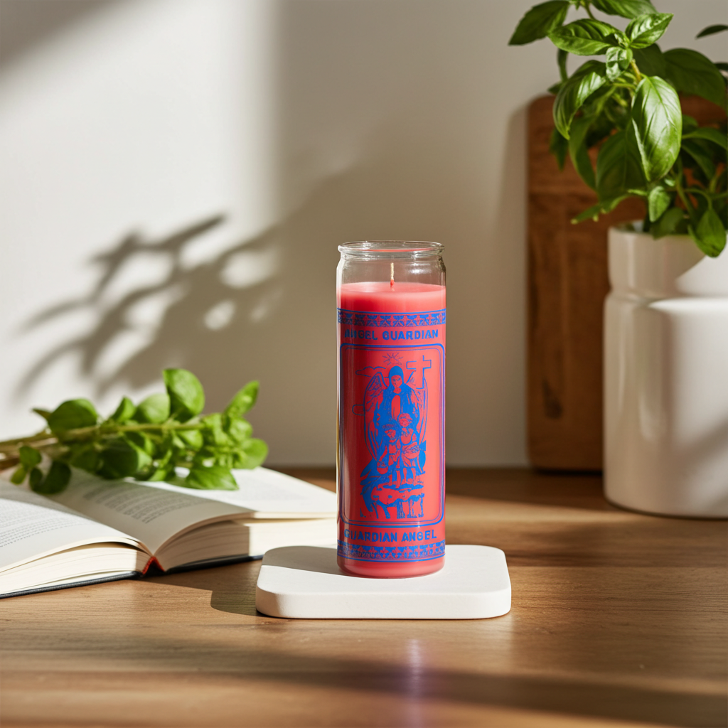 Guardian Angel pink prayer candle in tall glass jar for blessing, meditation, and daily spiritual practice.