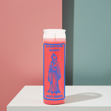 LA SANTISIMA MUERTE Holy Death pink prayer candle in glass for devotional rituals, offerings, and sacred space use.