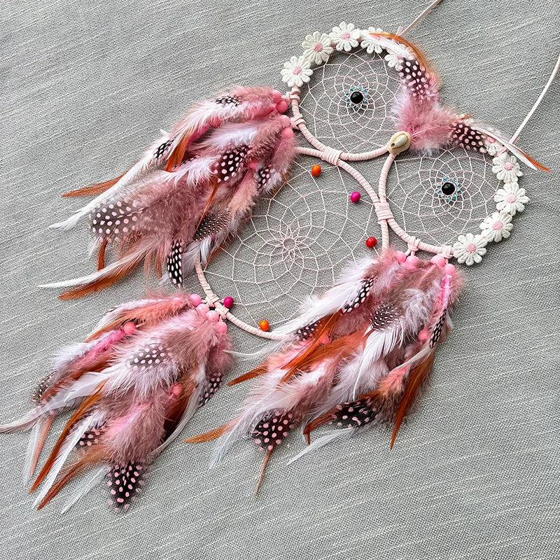 Pink Owl Dream Catcher Wind Chime with feather hanging accents for bedroom decoration, spiritual-inspired decor, and cozy room styling.