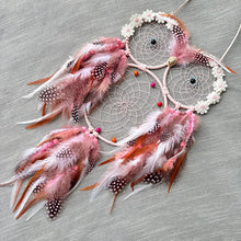 Pink Owl Dream Catcher Wind Chime with feather hanging accents for bedroom decoration, spiritual-inspired decor, and cozy room styling.