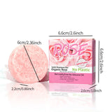 Pink Rose Handmade Shampoo Soap Bar with packaging and dimensions labeled on white background.