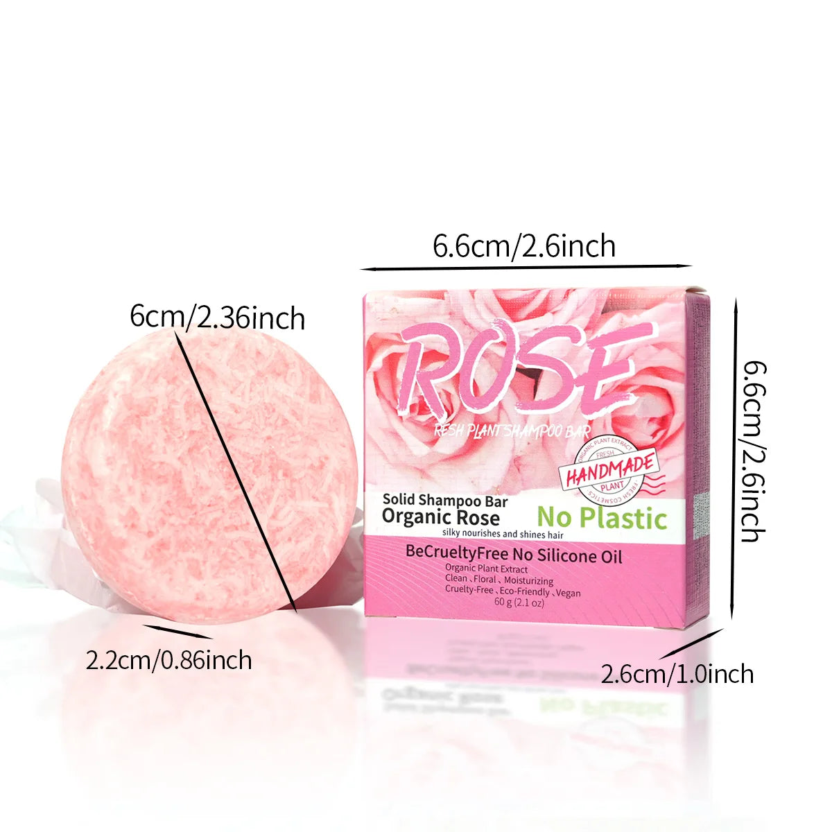 Pink Rose Handmade Shampoo Soap Bar with packaging and dimensions labeled on white background.