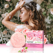 Pink Rose Handmade Shampoo Soap Bar with woman washing hair and soap suds next to packaging.