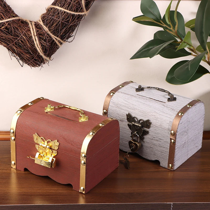 Pirate-style wooden treasure chest with lock for party decor, prop use, and creative gift packaging.