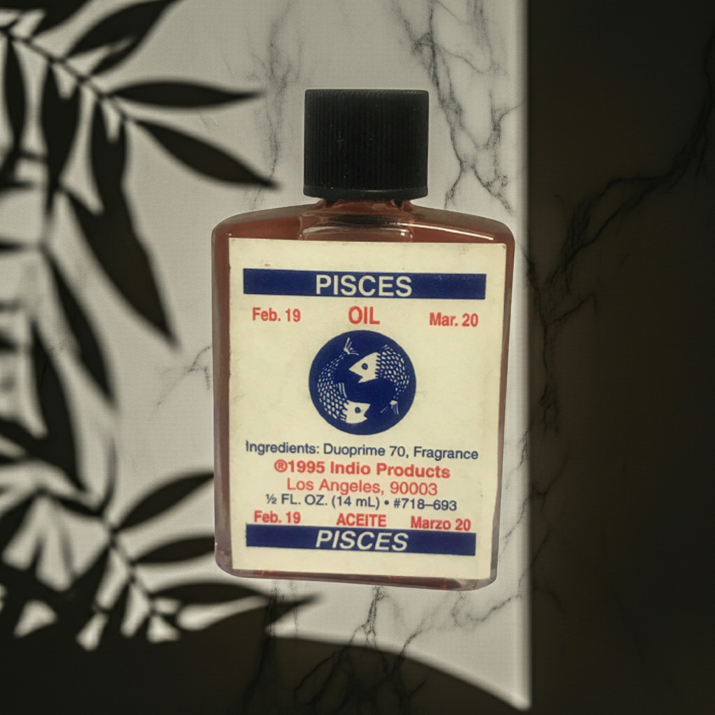 Pisces Wish Oil manifestation anointing oil bottle for candle dressing, intention work, and spiritual ceremonies.