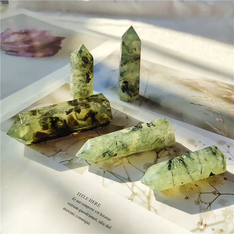 Natural Prehnite Crystal Healing Wand Tower prehnite healing wand for loving-kindness meditation and bedroom display.