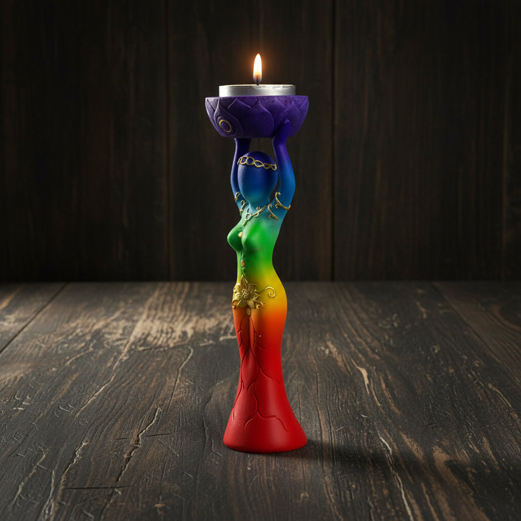 Polyresin tealight holder Chakra Goddess side view showing chakra symbol detail.