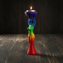Polyresin tealight holder Chakra Goddess side view showing chakra symbol detail.
