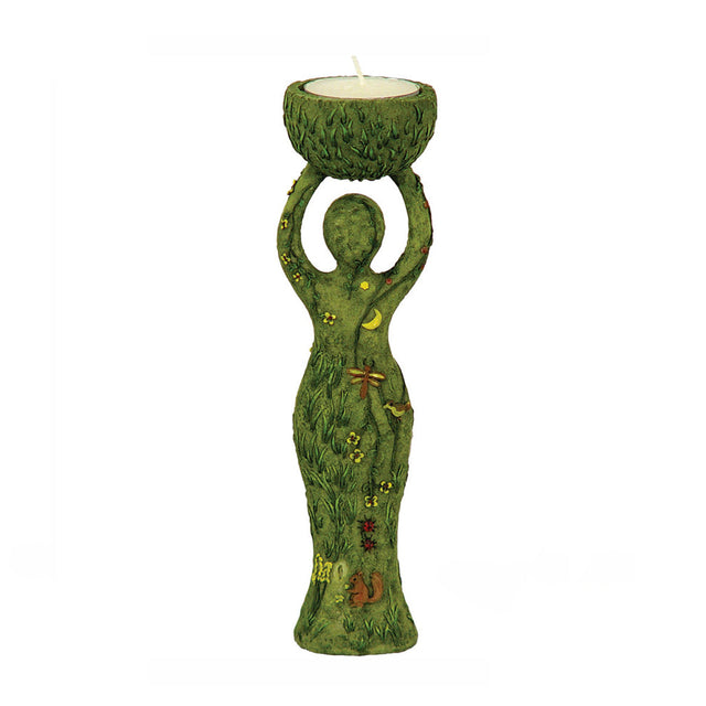 Polyresin tealight holder Nurturing Goddess for candle display, altar decor, and meditation spaces.