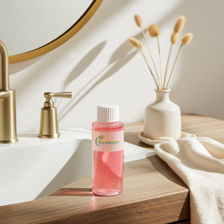 Pomegranate scented fragrance oil bottle for soap making, bath product crafting, and handmade skincare projects.