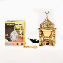 Portable electric metal bakhoor burner for convenient incense use in the home, office, or prayer space.