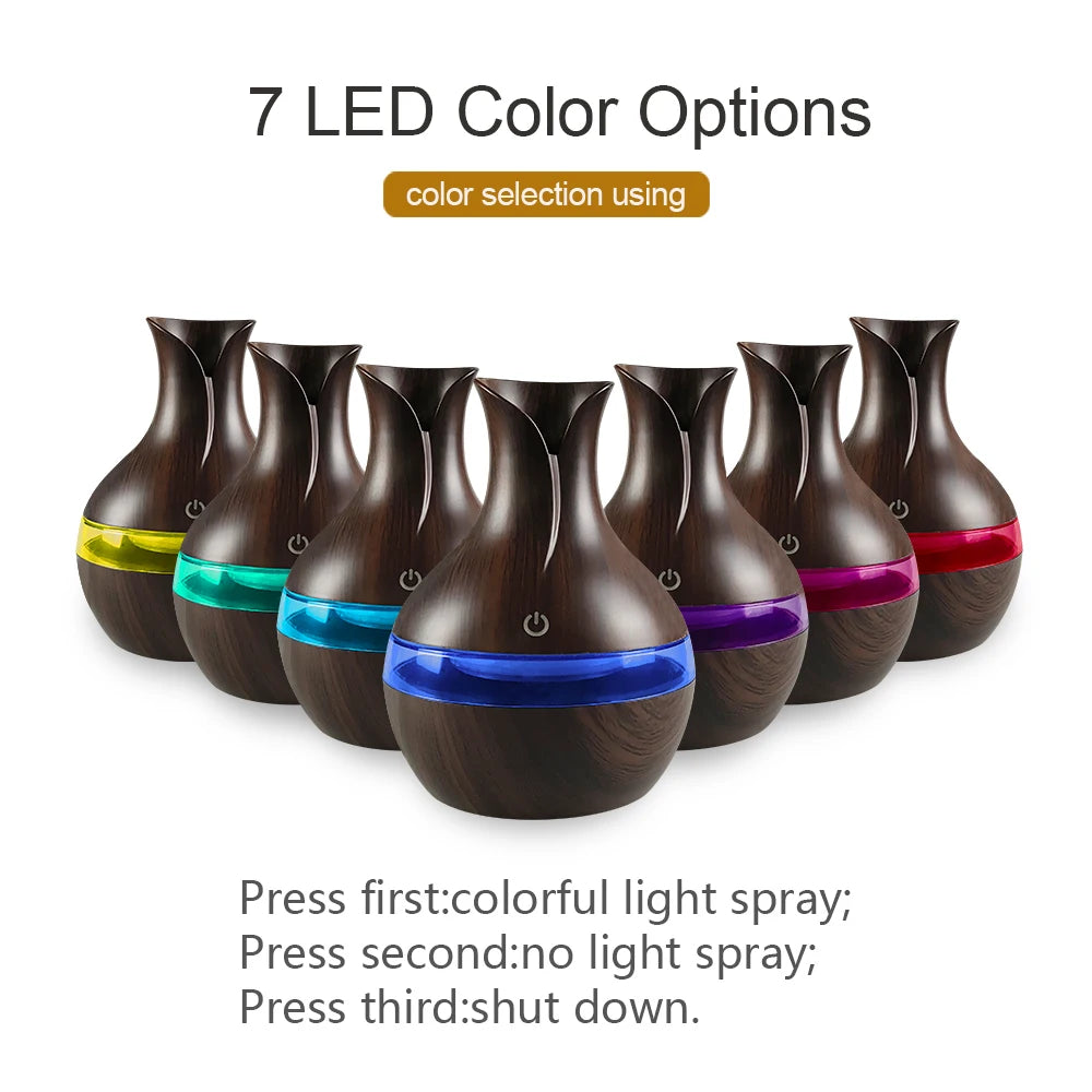Portable USB LED aroma humidifier with 300ml tank for personal air humidifying, essential oil diffusion, and relaxing room use.