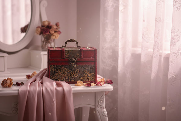 Portable wooden jewelry box organizer case for storing rings, earrings, necklaces, and daily accessories.