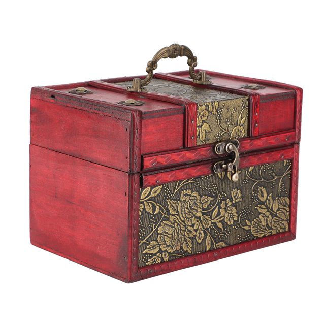 Portable wooden jewelry box organizer case for storing rings, earrings, necklaces, and daily accessories.