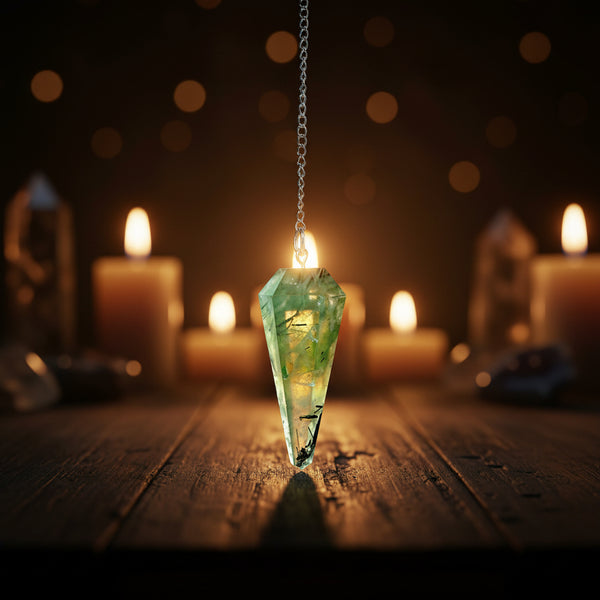 Prehnite 6-sided faceted pendulum on a 9-inch chain for dowsing