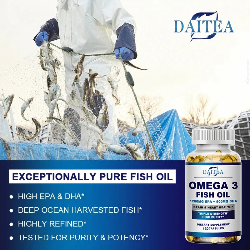 Premium Fish Oil Omega-3 softgel capsules for supporting heart function, joint comfort, and brain health.