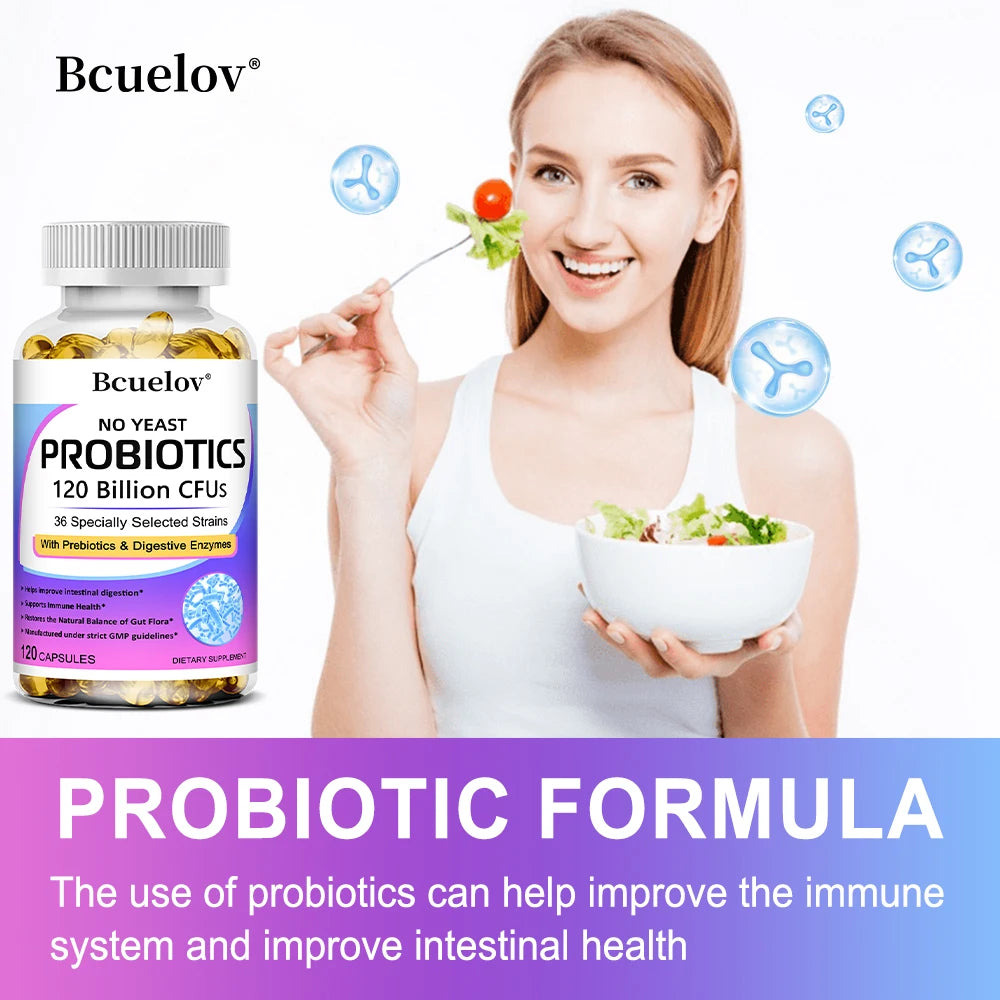 Bcuelov Premium Probiotics with Prebiotics & Digestive Enzymes capsules bottle for gut health care, digestive enzyme support, and daily digestive balance.
