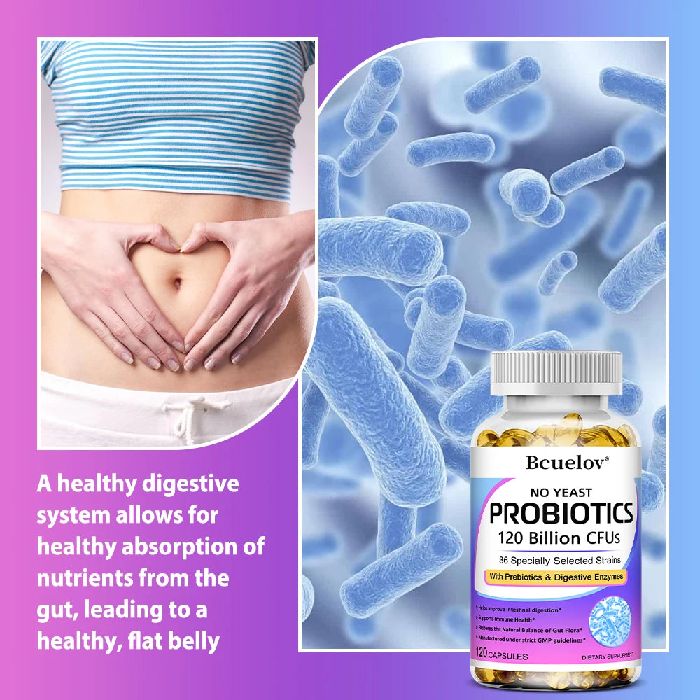 Bcuelov Premium Probiotics with Prebiotics & Digestive Enzymes capsules bottle for digestive support, maintaining gut flora, and digestive comfort.