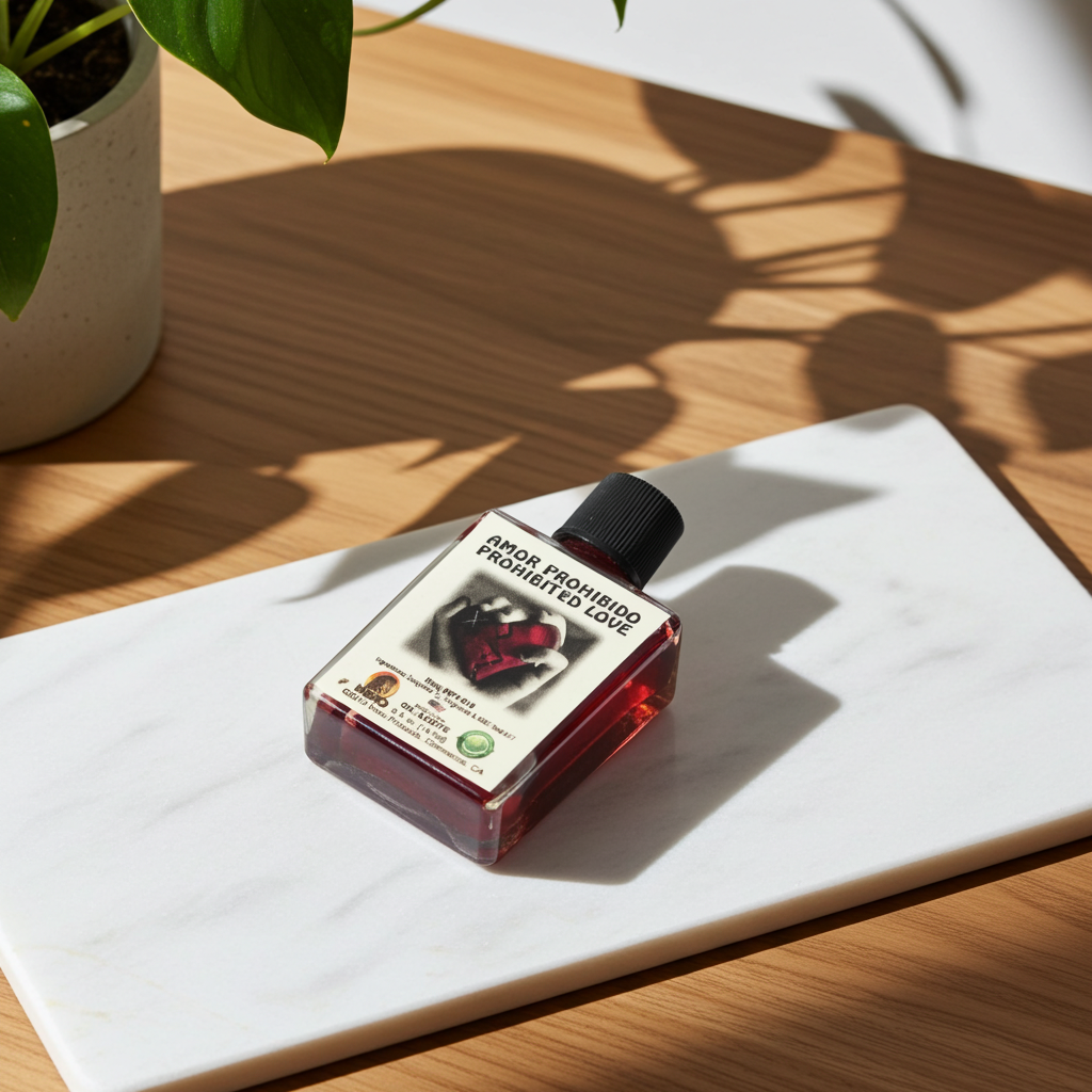 Prohibited Love Wish Oil bottle with Amor Prohibido formula for forbidden romance rituals, desire work, and candle dressing.