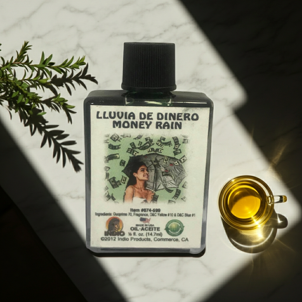 Lluvia De Dinero prosperity wish oil bottle for financial blessing rituals, abundance manifestation, and altar use.