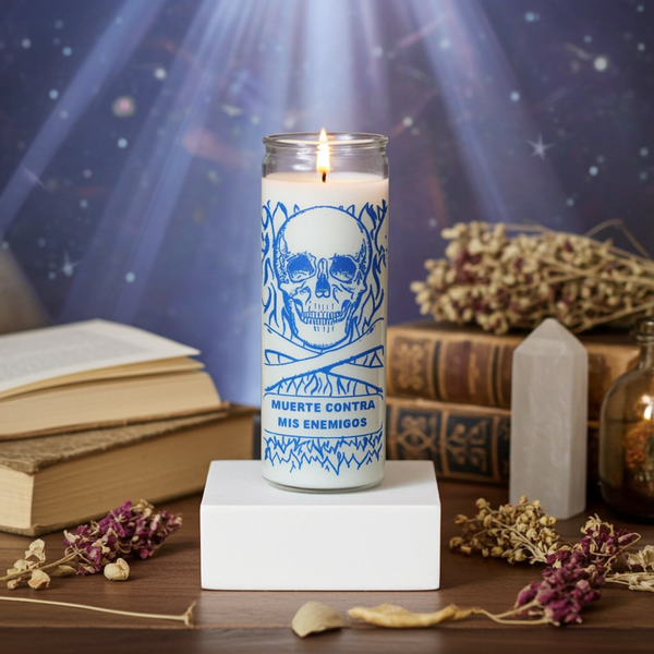 Protection from Enemies 7 day jar candle in white glass for prayer, spiritual protection, and ritual use.