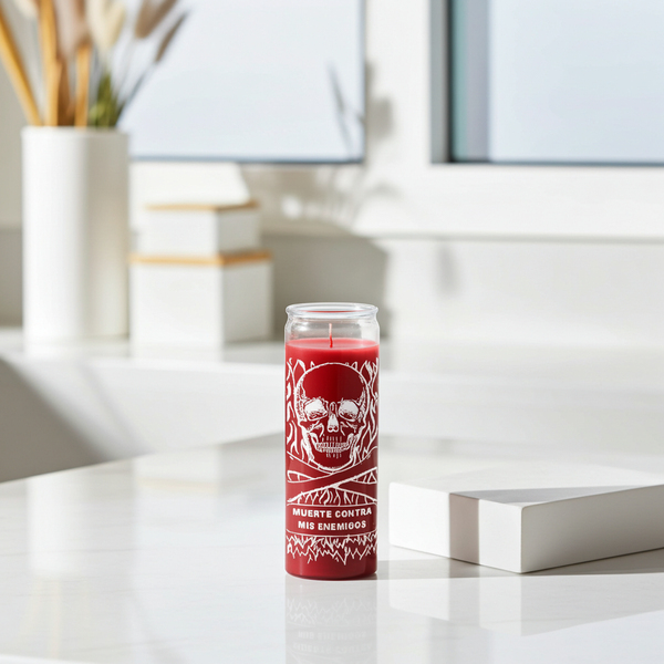 Protection from Enemies red 7 day candle glass prayer candle for warding off enemies, spiritual protection, and ritual use.