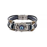 Protective Evil Eye black leather bracelet for men for symbolic defense, casual styling, and everyday accessory use.