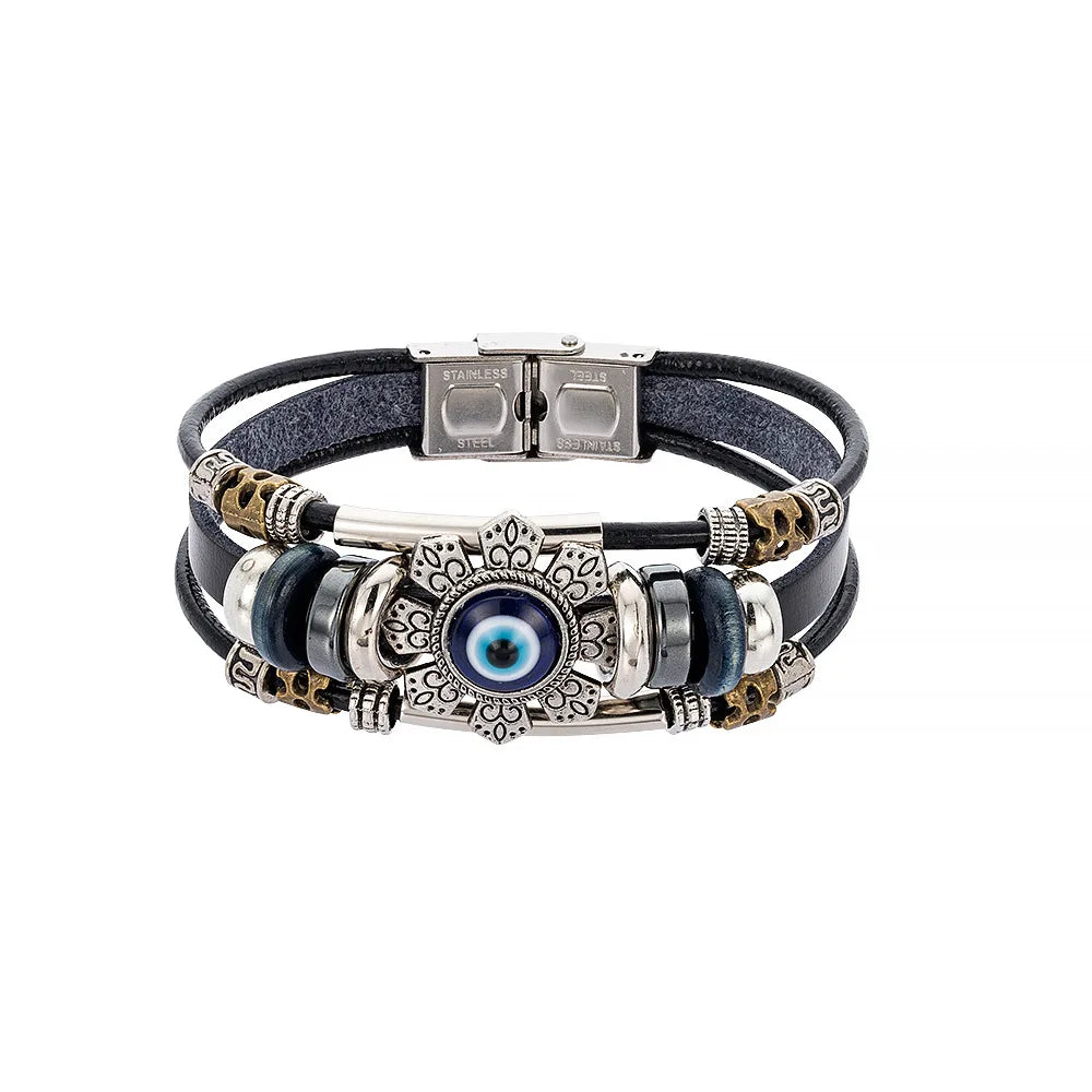 Protective Evil Eye black leather bracelet for men for symbolic defense, casual styling, and everyday accessory use.