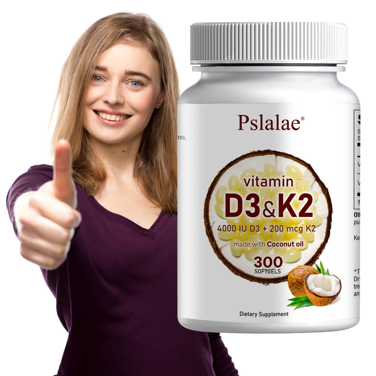 Pslalae coconut oil Vitamin D3 + K2 softgels for nutritional support, bone health, and regular supplement use.