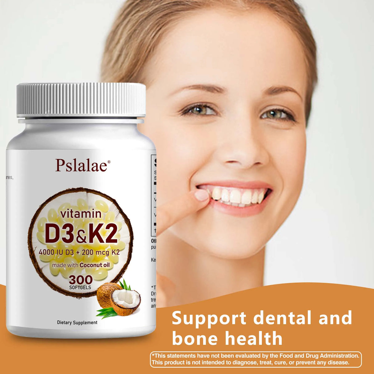Pslalae D3 K2 coconut oil daily softgels supplement for everyday wellness, bone support, and calcium metabolism.