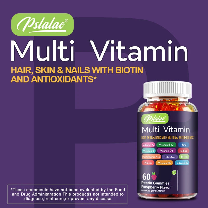 Pslalae multivitamin gummies bottle with biotin for hair, skin, and nails support as part of a daily wellness routine.