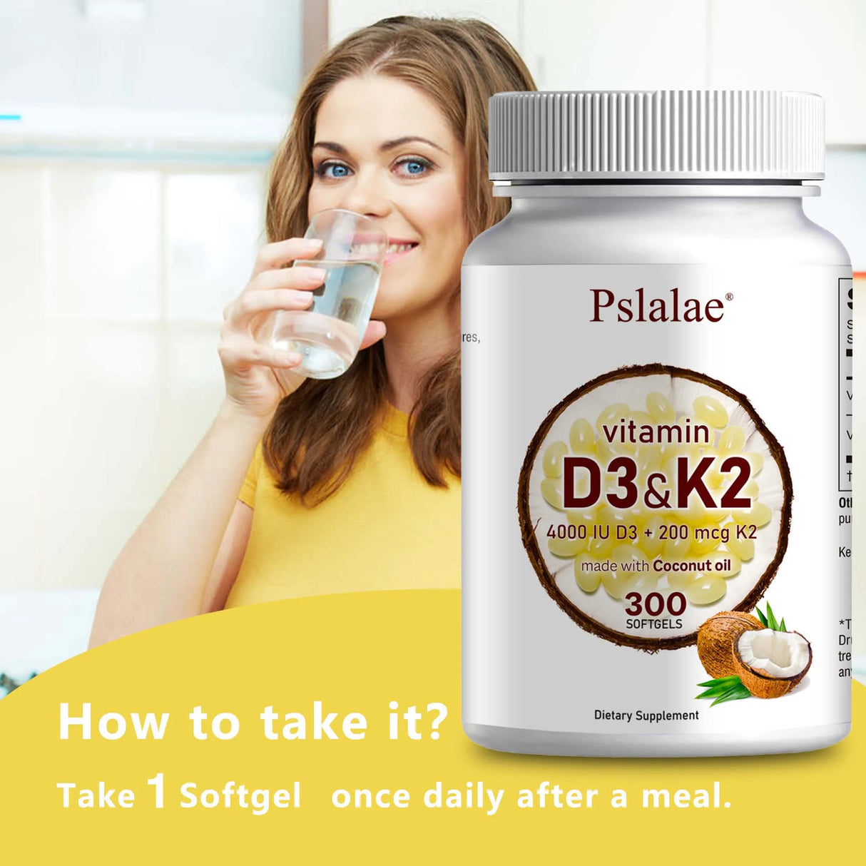 Pslalae Vitamin D3 + K2 softgels bottle for bone support, mineral balance, and daily dietary supplementation.
