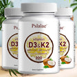 Pslalae Vitamin D3 + K2 coconut oil softgels dietary supplement for bone health, calcium support, and daily wellness.