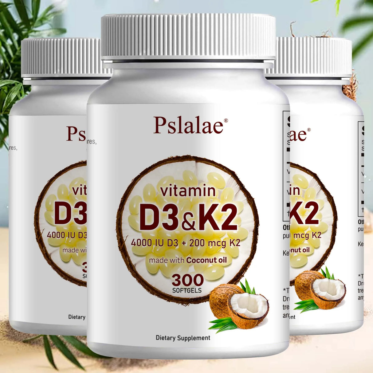 Pslalae Vitamin D3 + K2 coconut oil softgels dietary supplement for bone health, calcium support, and daily wellness.