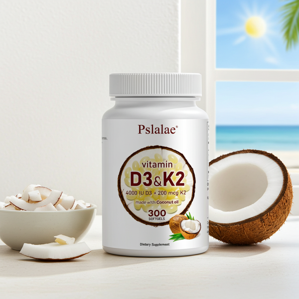 Pslalae Vitamin D3 + K2 coconut oil softgels bottle for daily bone support and wellness supplementation.