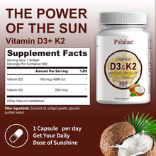 Pslalae Vitamin D3 + K2 softgels with coconut oil for daily nutrient support, bone care, and calcium absorption.