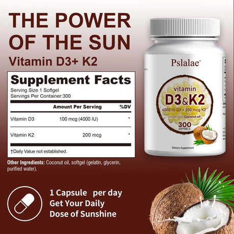 Pslalae Vitamin D3 + K2 softgels with coconut oil for daily nutrient support, bone care, and calcium absorption.
