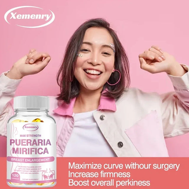 Pueraria Mirifica breast support capsules bottle for women's wellness routines and daily supplement use.