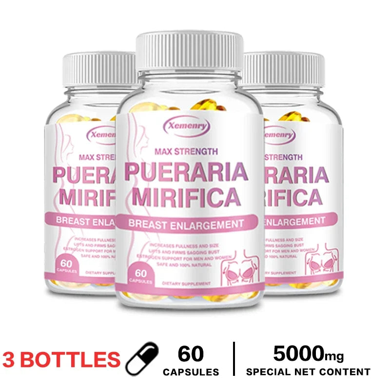 Pueraria Mirifica breast support dietary capsules bottle for daily supplement intake and women's wellness routines.
