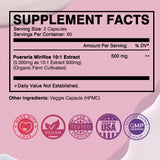Pueraria Mirifica capsules bottle for breast support labeling, wellness routines, and daily supplement use.