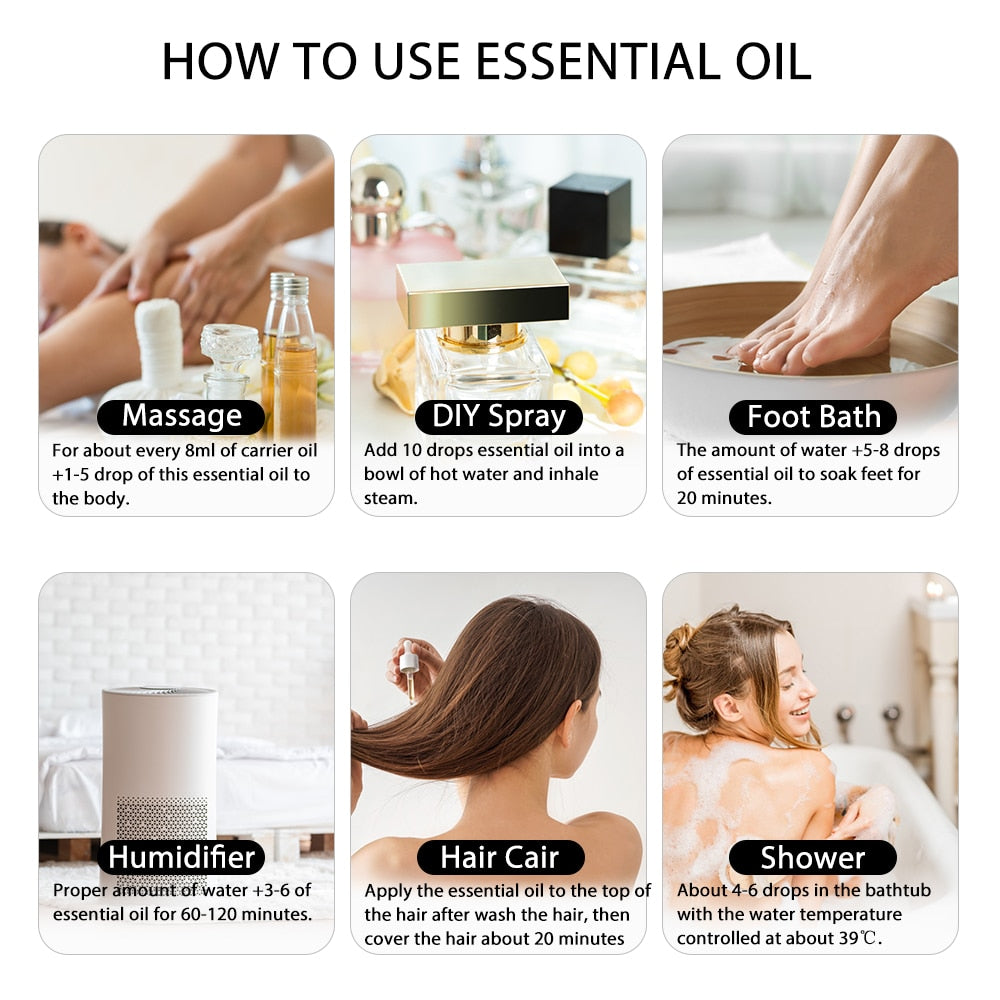 PHATOIL usage guide for essential oil: massage dilution, steam inhalation, foot bath, humidifier drops, hair care and bath use.