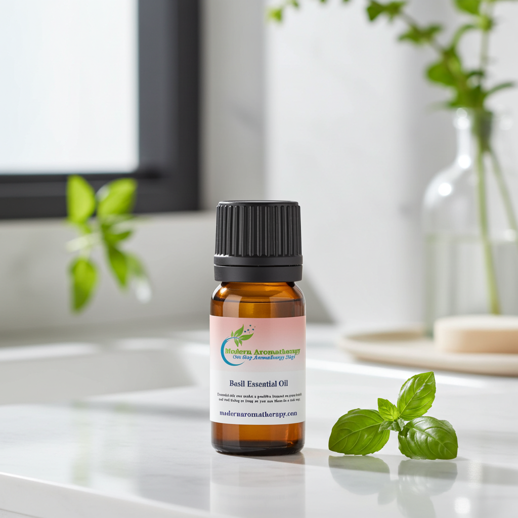 Pure basil essential oil dropper bottle for diffuser use, massage oil blending, and daily mental clarity aromatherapy.