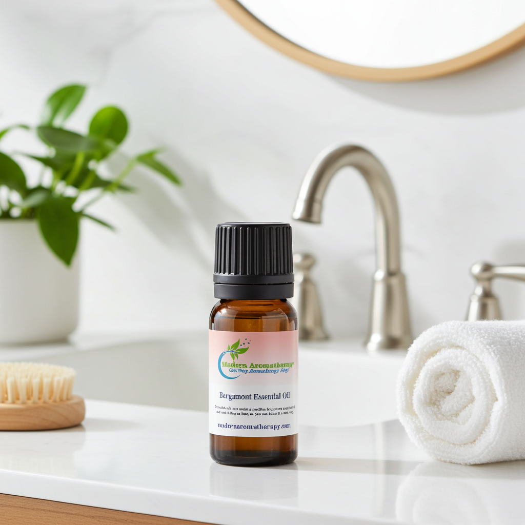 Pure bergamot essential oil glass bottle for diffusing, uplifting aromatherapy, and skin-balancing applications.