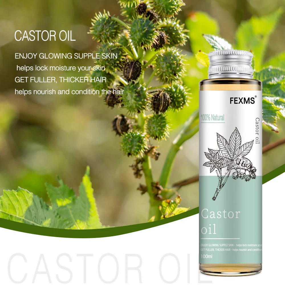 Pure Castor Oil bottle for hair and brow growth with castor plant in the background.