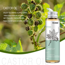 Pure Castor Oil bottle for hair and brow growth with castor plant in the background.