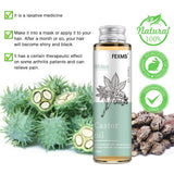 Pure Castor Oil bottle with castor plant and seeds on white background for natural beauty care.