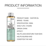 Pure Castor Oil bottle with product information and ingredients on white background.