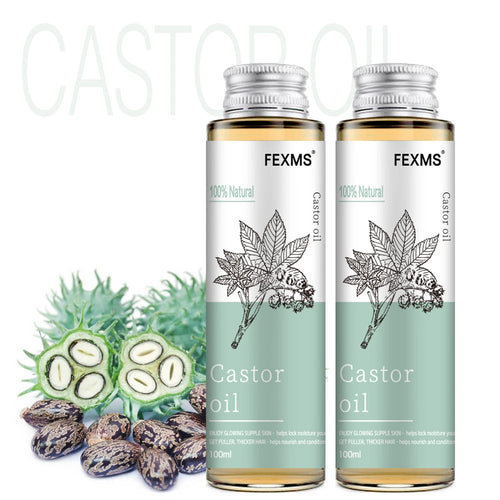 Pure Castor Oil for Hair, Brows and Skin — two bottles with castor seeds and pods on white background.