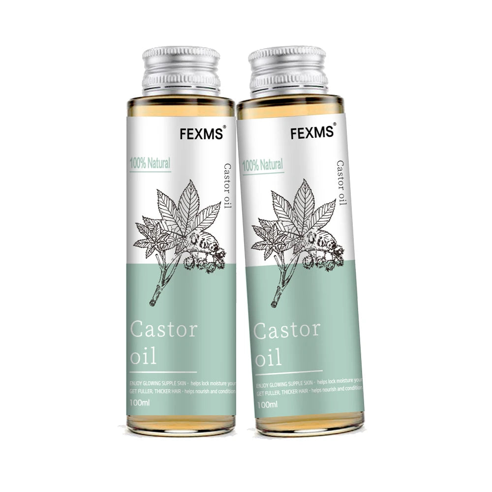 Two Pure Castor Oil bottles for hair growth, brow care, and skin moisturizing on white background.