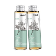 Two Pure Castor Oil bottles for hair growth, brow care, and skin moisturizing on white background.